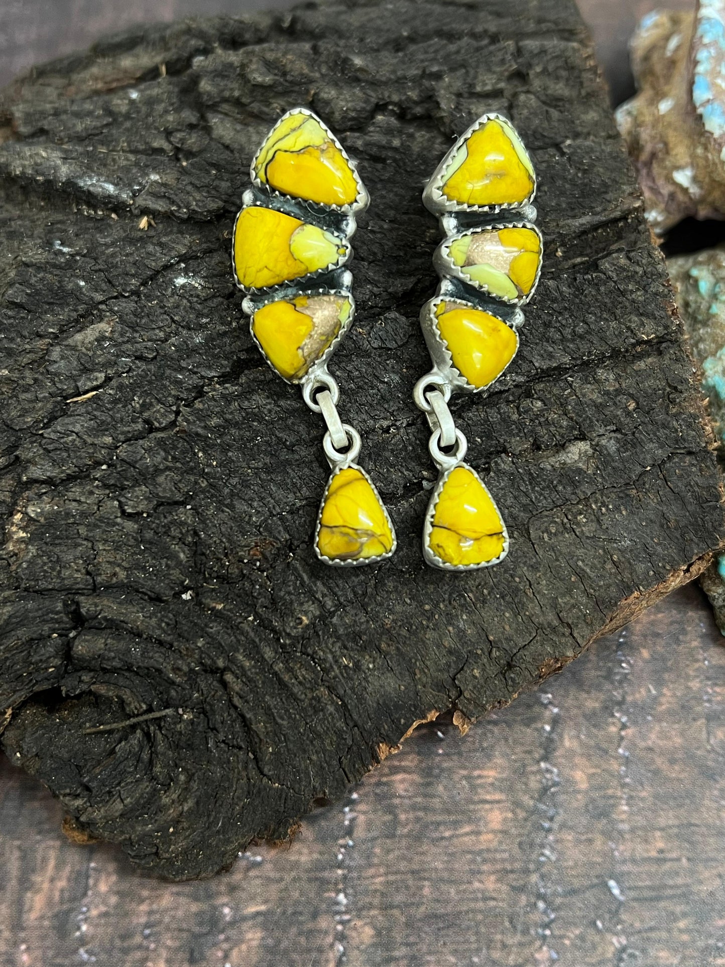 Handmade Sterling Silver Honey Dahlia Post Dangle Earrings with Signed Nizhoni