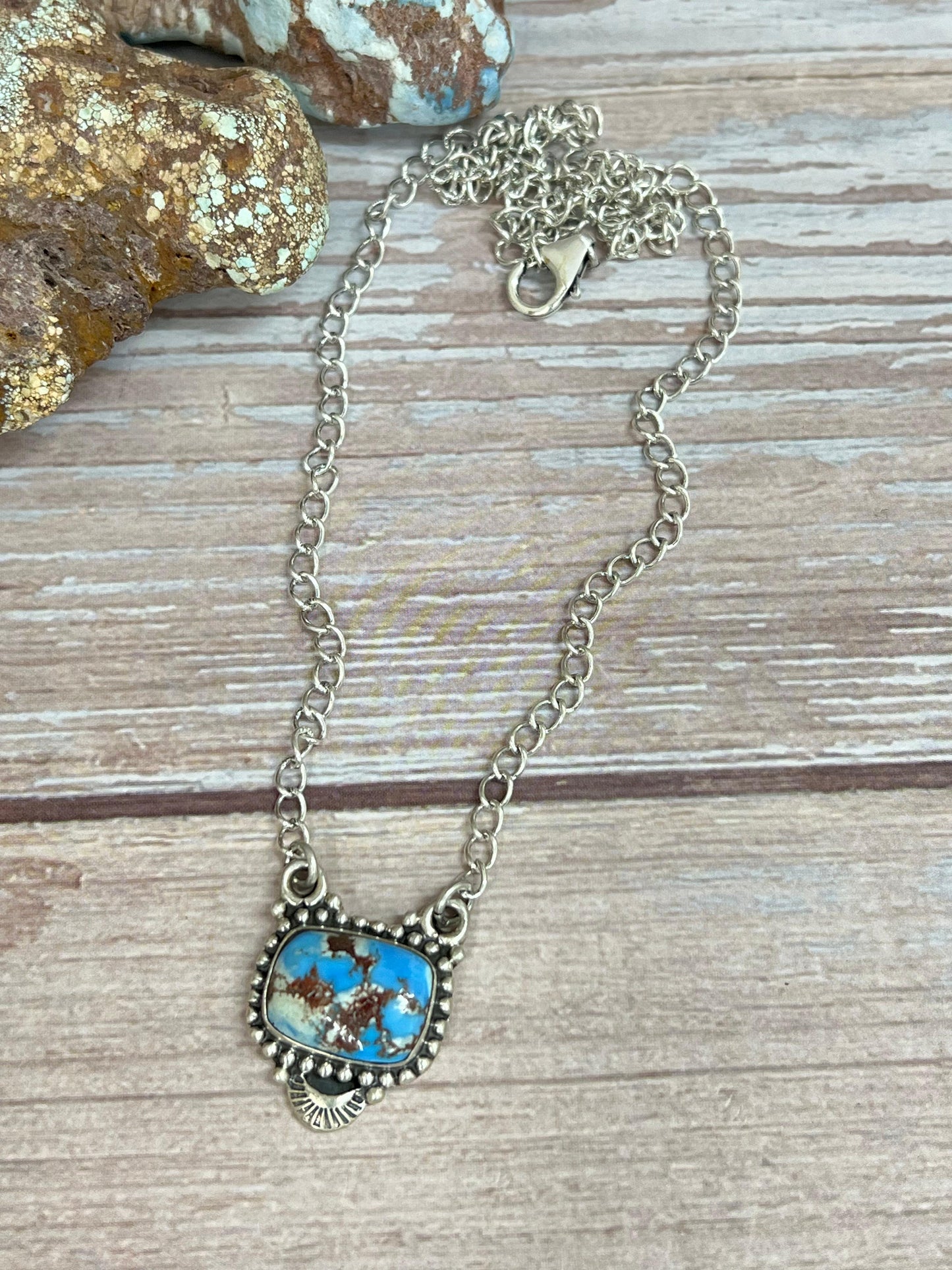 Handmade Sterling Silver Golden Hills Turquoise Necklace with Signed Nizhoni