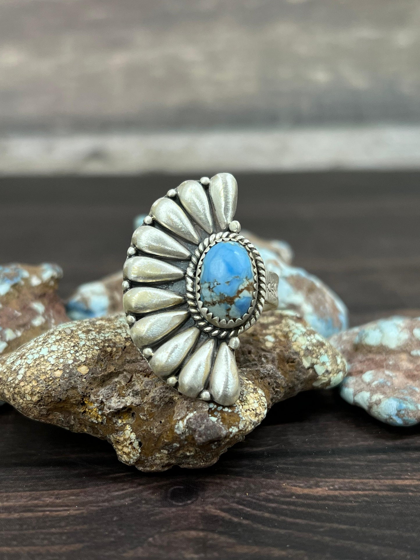 Handmade Sterling Silver with Golden Hills Turquoise Adjustable Ring With Signed Nizhoni