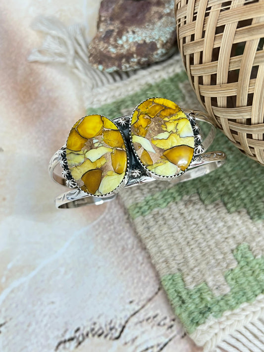 Handmade Sterling Silver Honey Dahlia Cuff Bracelet with Signed Nizhoni