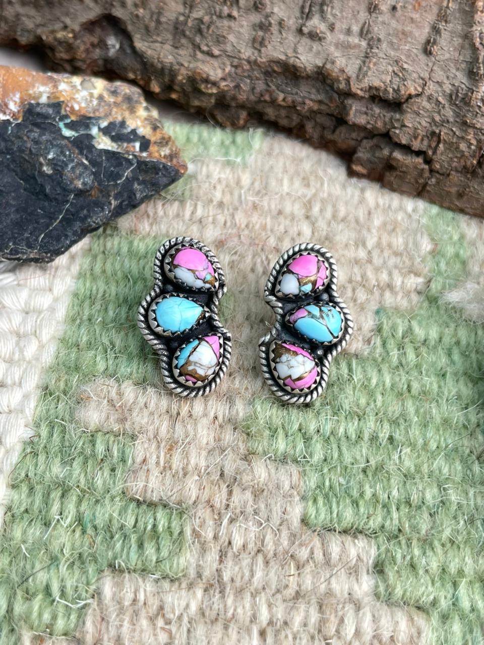 Handmade Sterling Silver Cotton Candy Post Studs Earrings "Signed Nizhoni"