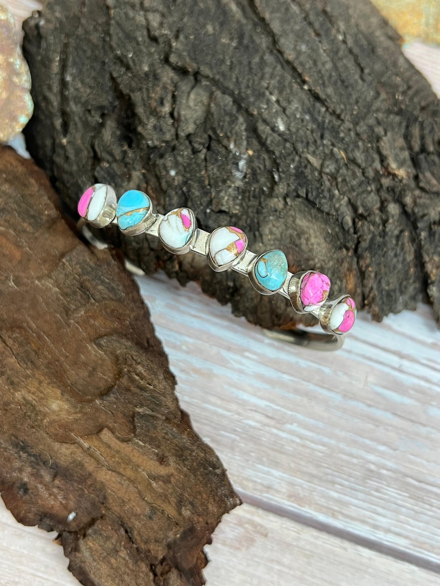Handmade Sterling Silver Cotton Candy Turquoise Cuff Bracelet with Signed Nizhoni (6)