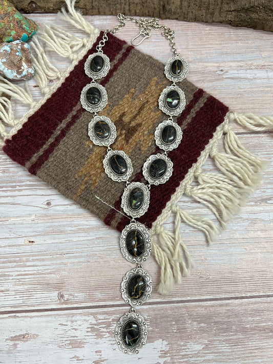 Handmade Sterling Silver Black Jack Necklace with Signed Nizhoni