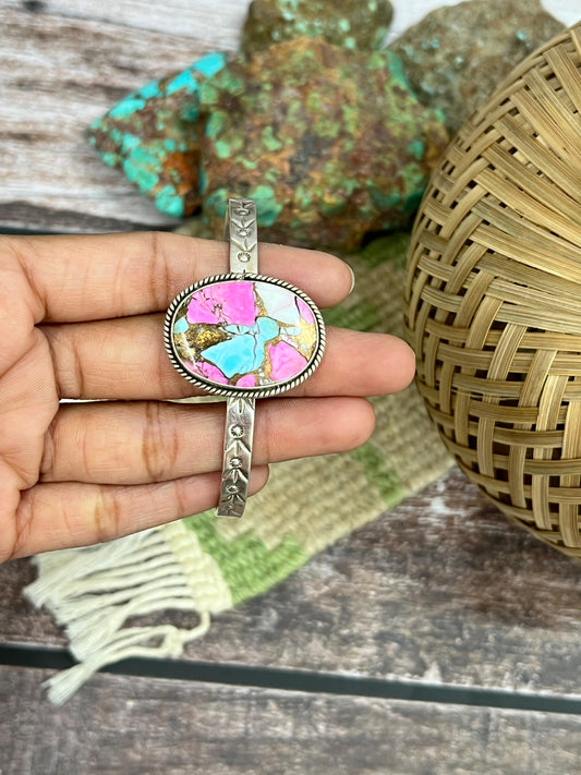 Handmade Sterling Silver Cotton Candy Turquoise Cuff Bracelet with Signed Nizhoni
