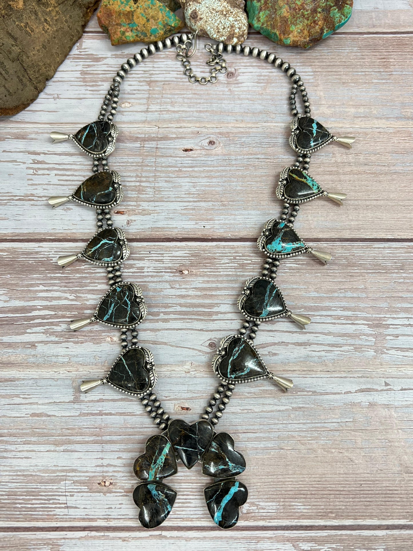 Handmade Sterling Silver Black Jack Beaded Squash Blossom Necklace with Signed Nizhoni