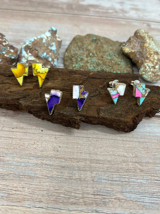 Handmade Sterling Silver Multi Stone Lightning Bolt Studs with Signed Nizhoni