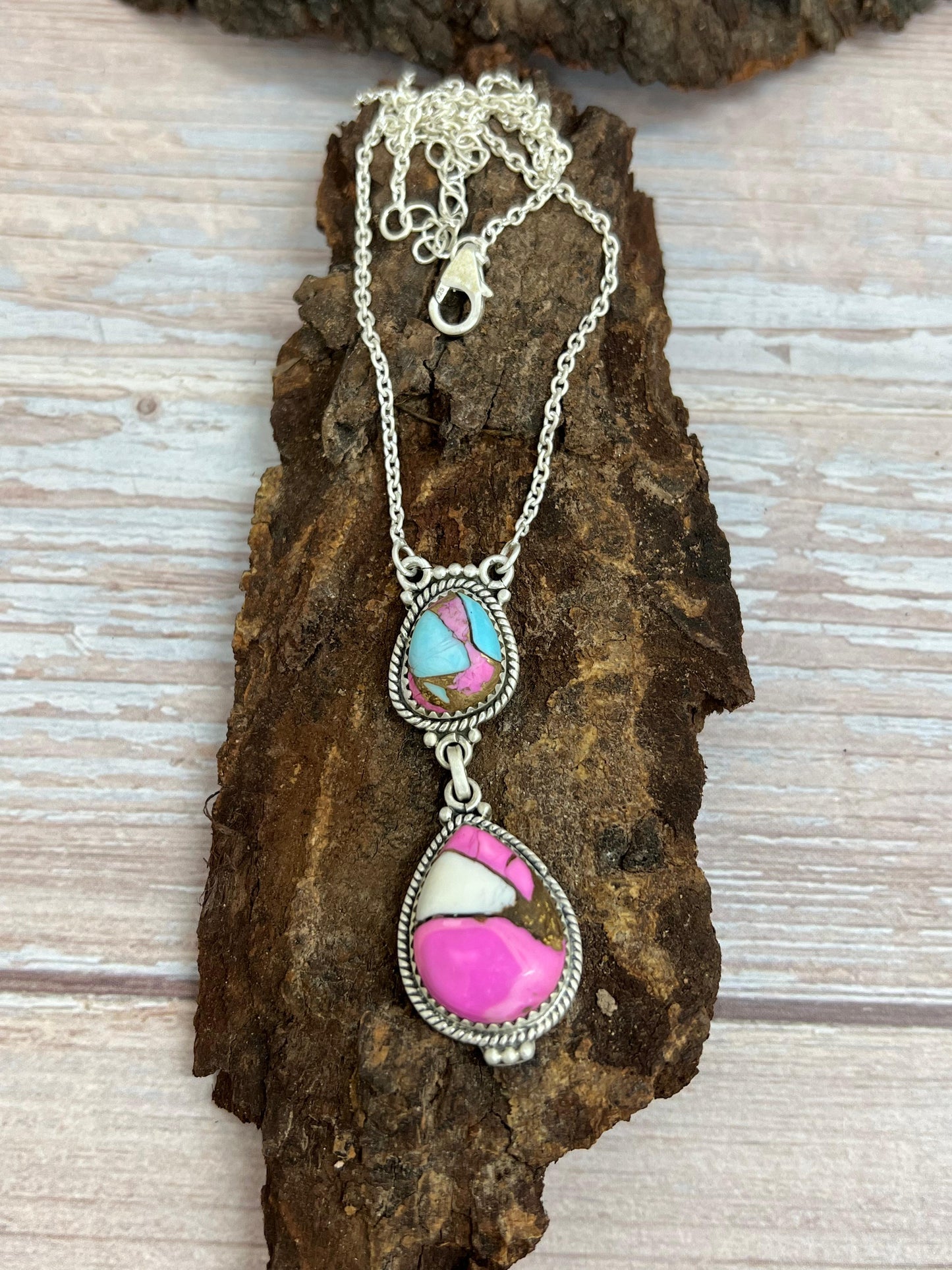 Handmade Sterling Silver Cotton Candy Turquoise Necklace with Signed Nizhoni