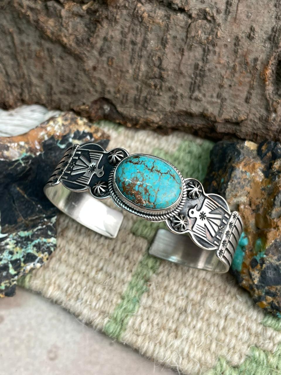 Handmade Sterling Silver Kingman Turquoise Thunderbird Cuff Bracelet "Signed Nizhoni"