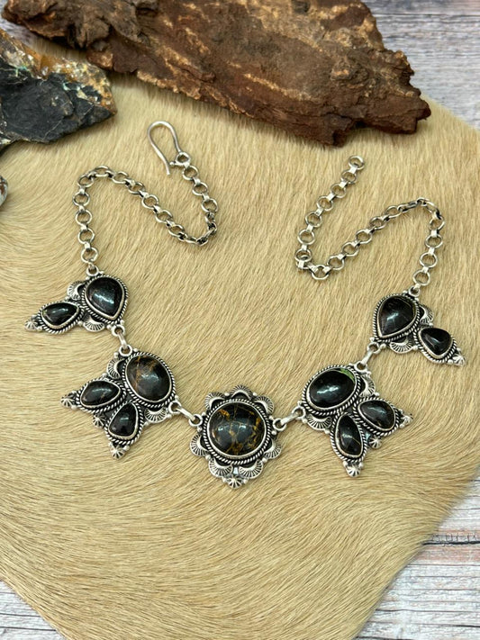 Handmade Sterling Silver Blackjack Turquoise Choker Necklace "Signed Nizhoni"
