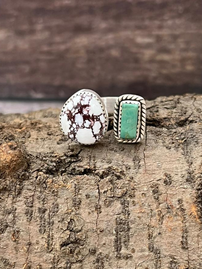 Handmade Sterling Silver Wild Horse Magnesite with Kingman Turquoise Adjustable Ring with Signed Nizhoni (9)