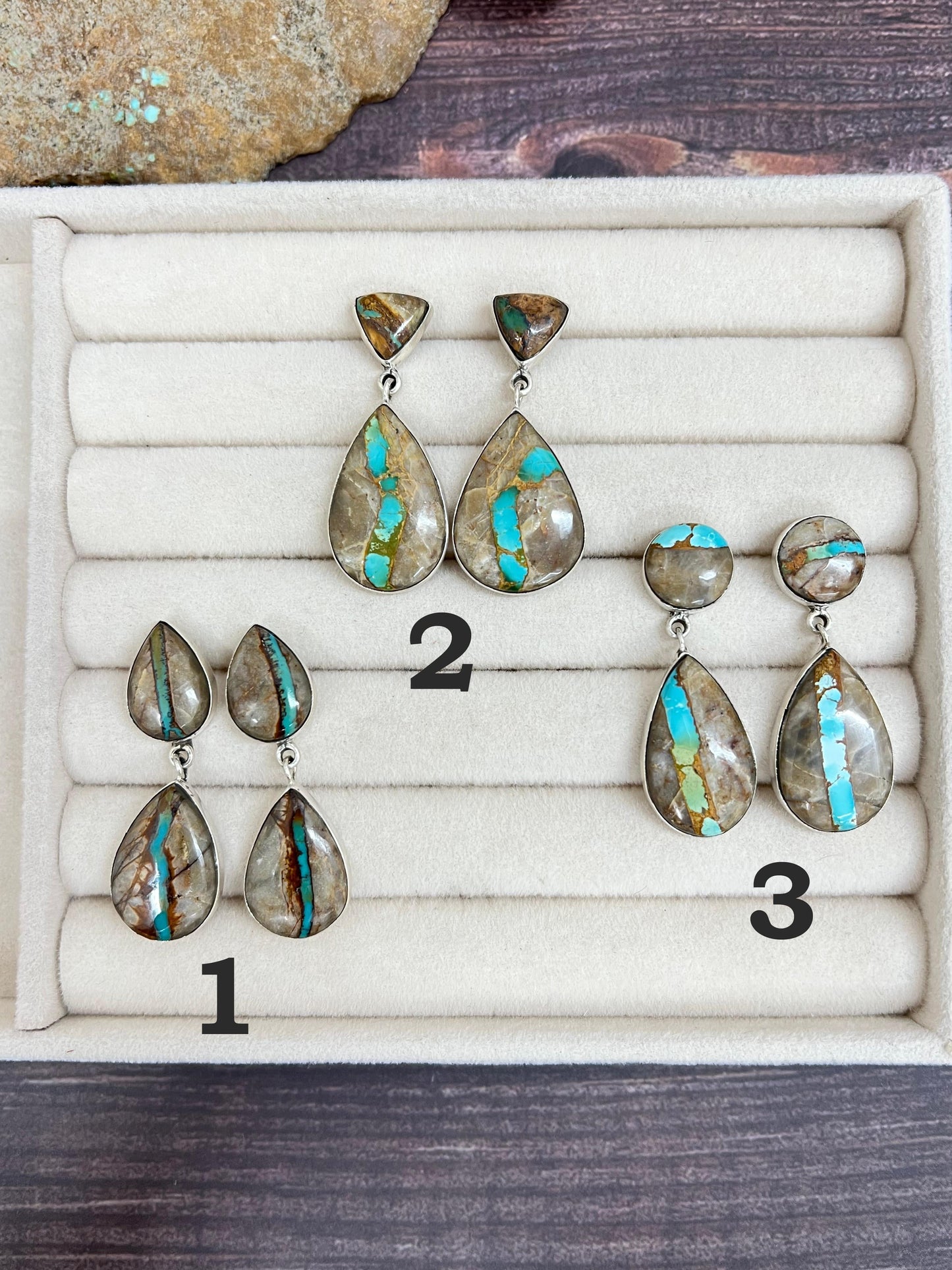 Handmade Sterling Silver Ribbon Royston Dangle Earrings with Signed Nizhoni