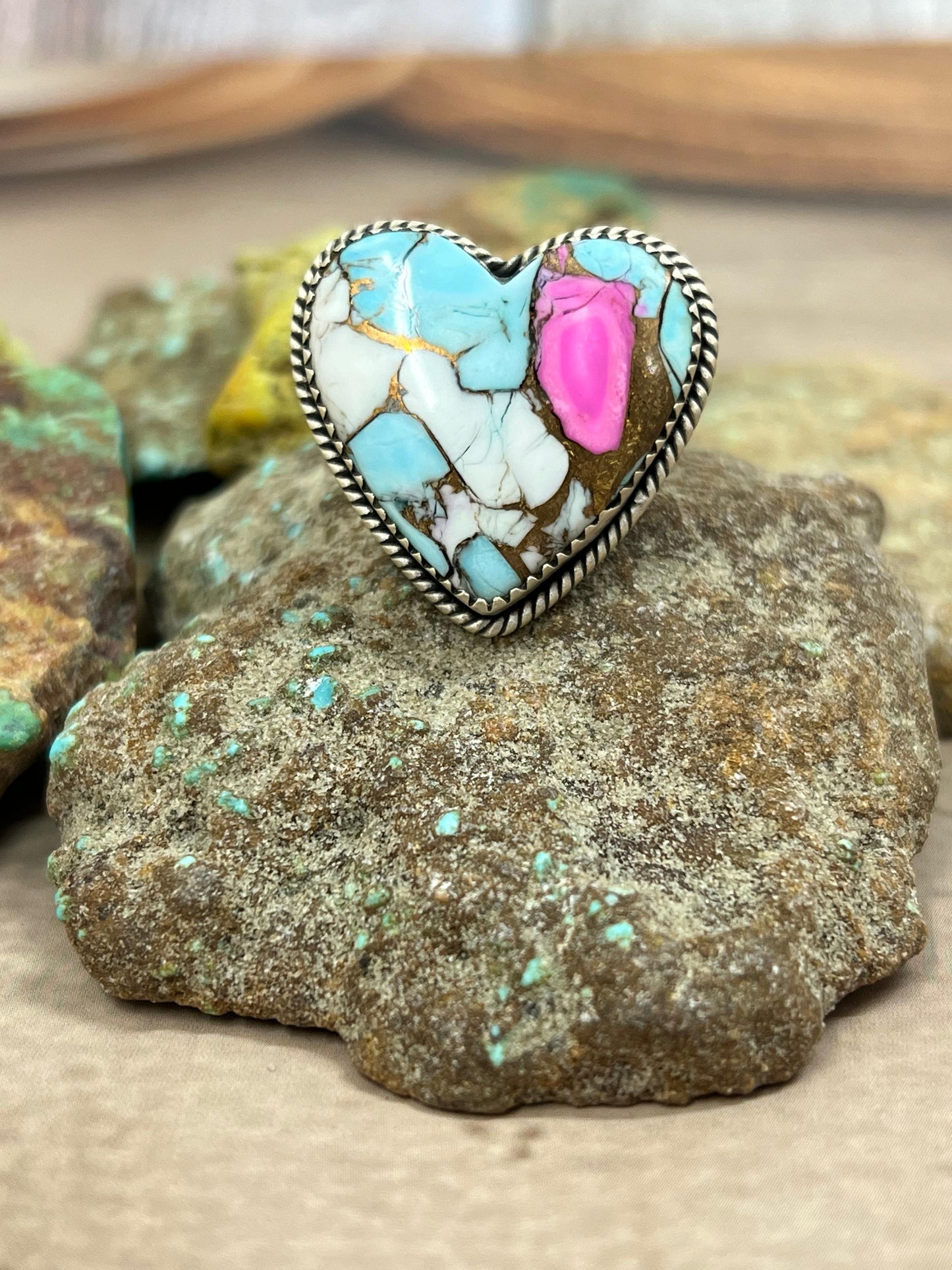 Handmade Sterling Silver Cotton Candy Turquoise Adjustable Ring with Signed Nizhoni