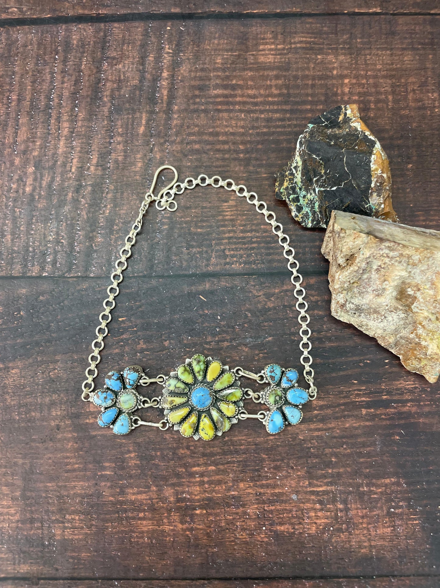 Handmade Sterling Silver Palomino with Golden Hills Turquoise Choker Necklace "Signed Nizhoni"