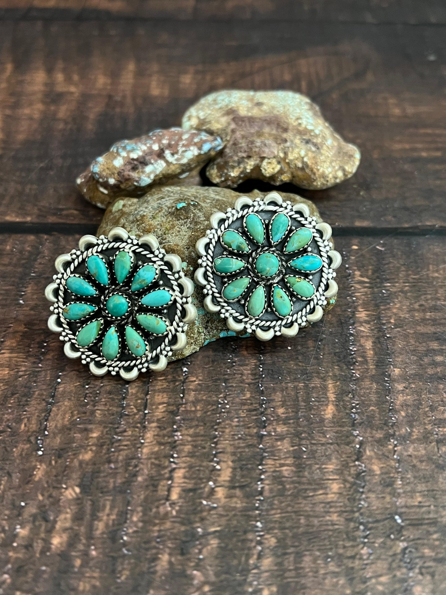 Handmade Sterling Silver Kingman Turquoise Studs with Signed Nizhoni