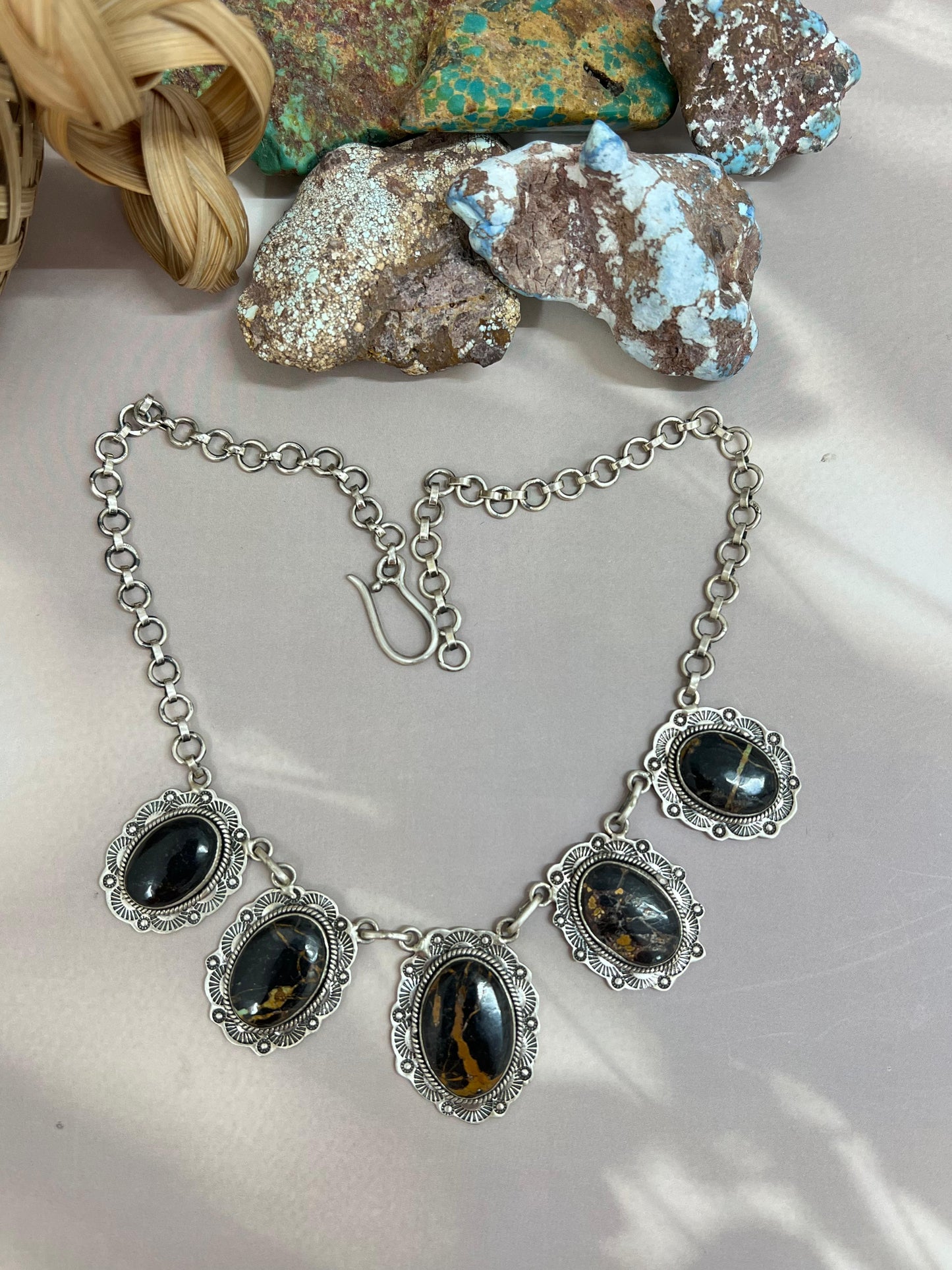 Handmade Sterling Silver Blackjack Turquoise Choker Necklace Signed Nizhoni