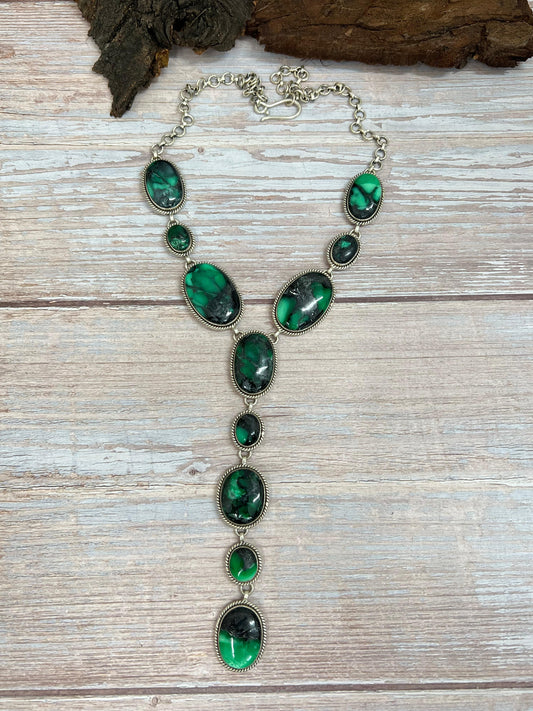 Handmade Sterling Silver Emerald Rose Necklace with Signed Nizhoni