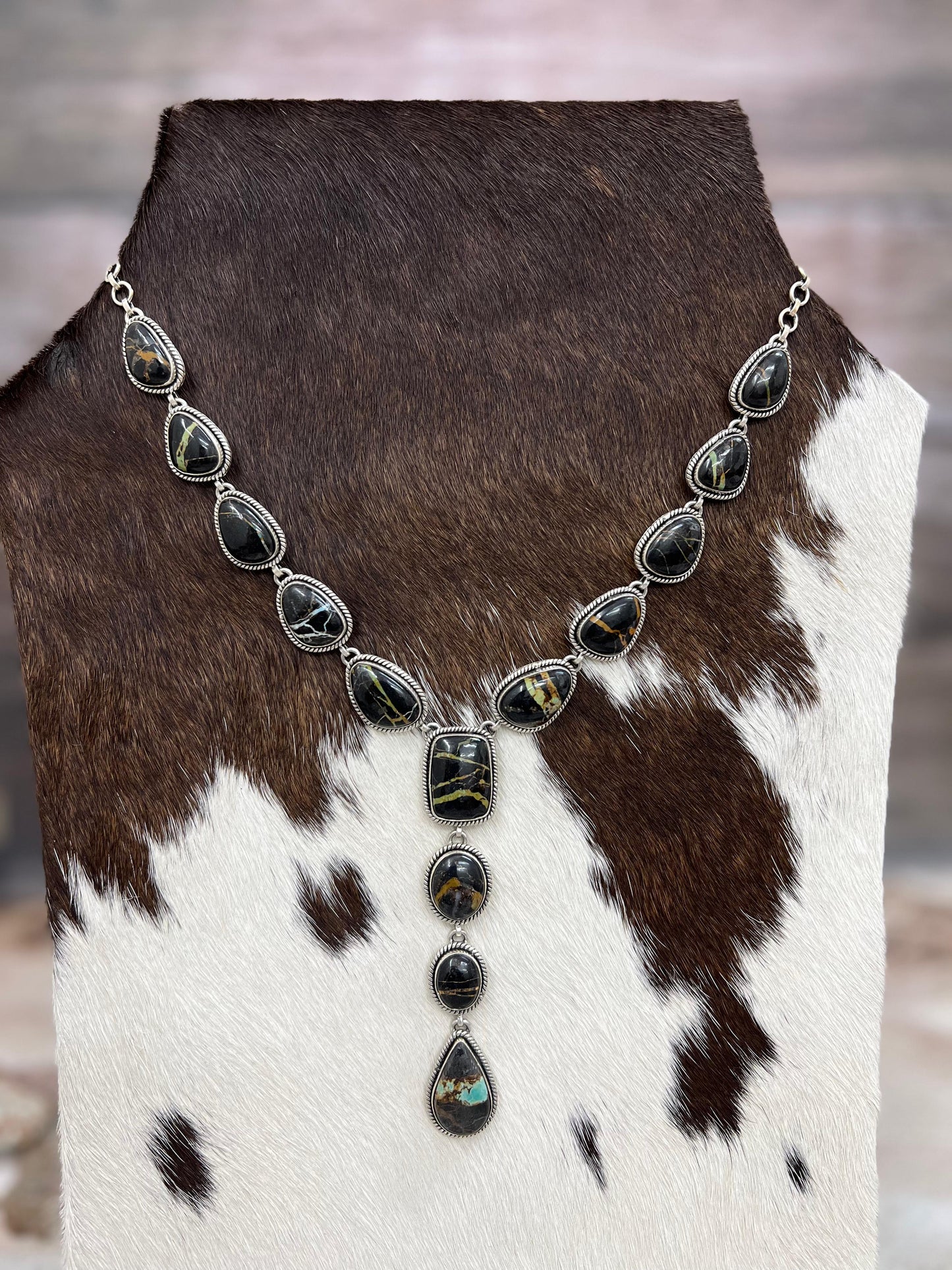 Handmade Sterling Silver Blackjack Turquoise Lariat Necklace Signed Nizhoni