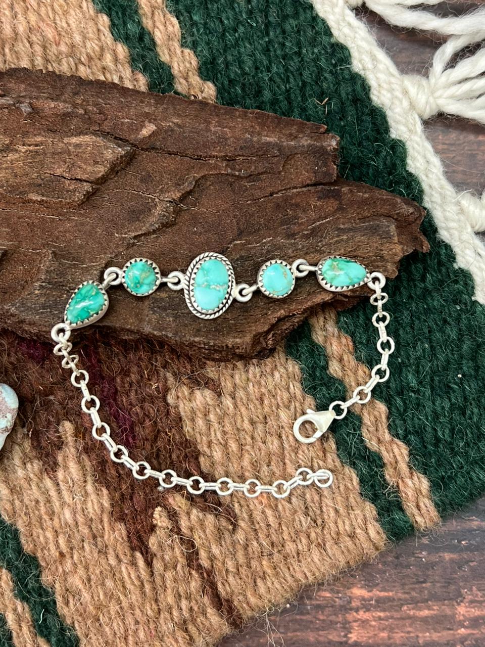 Handmade Sterling Silver Emerald Valley Turquoise Chain Bracelet "Signed Nizhoni"