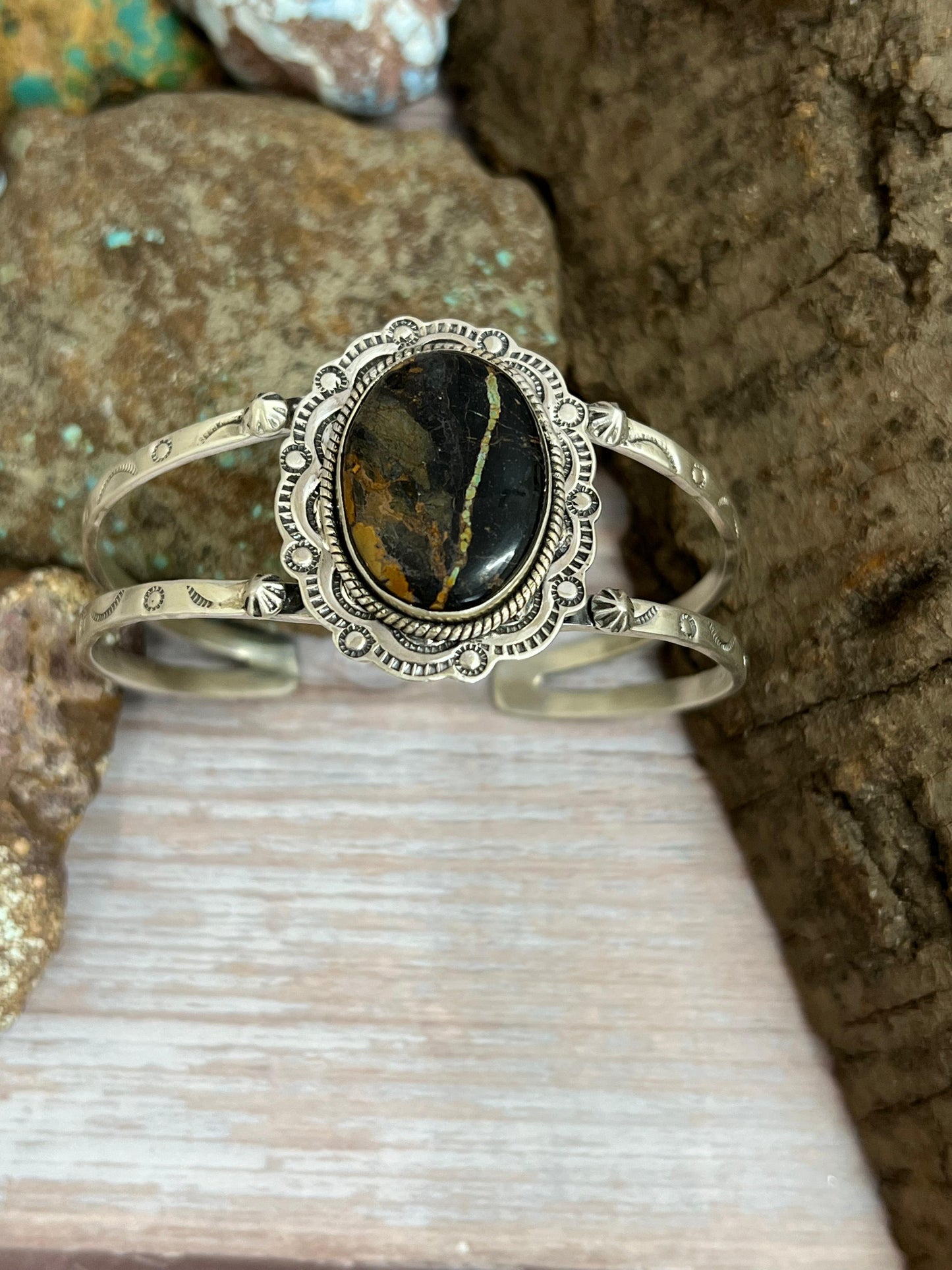 Handmade Sterling Silver Black Jack Cuff Bracelet with Signed Nizhoni