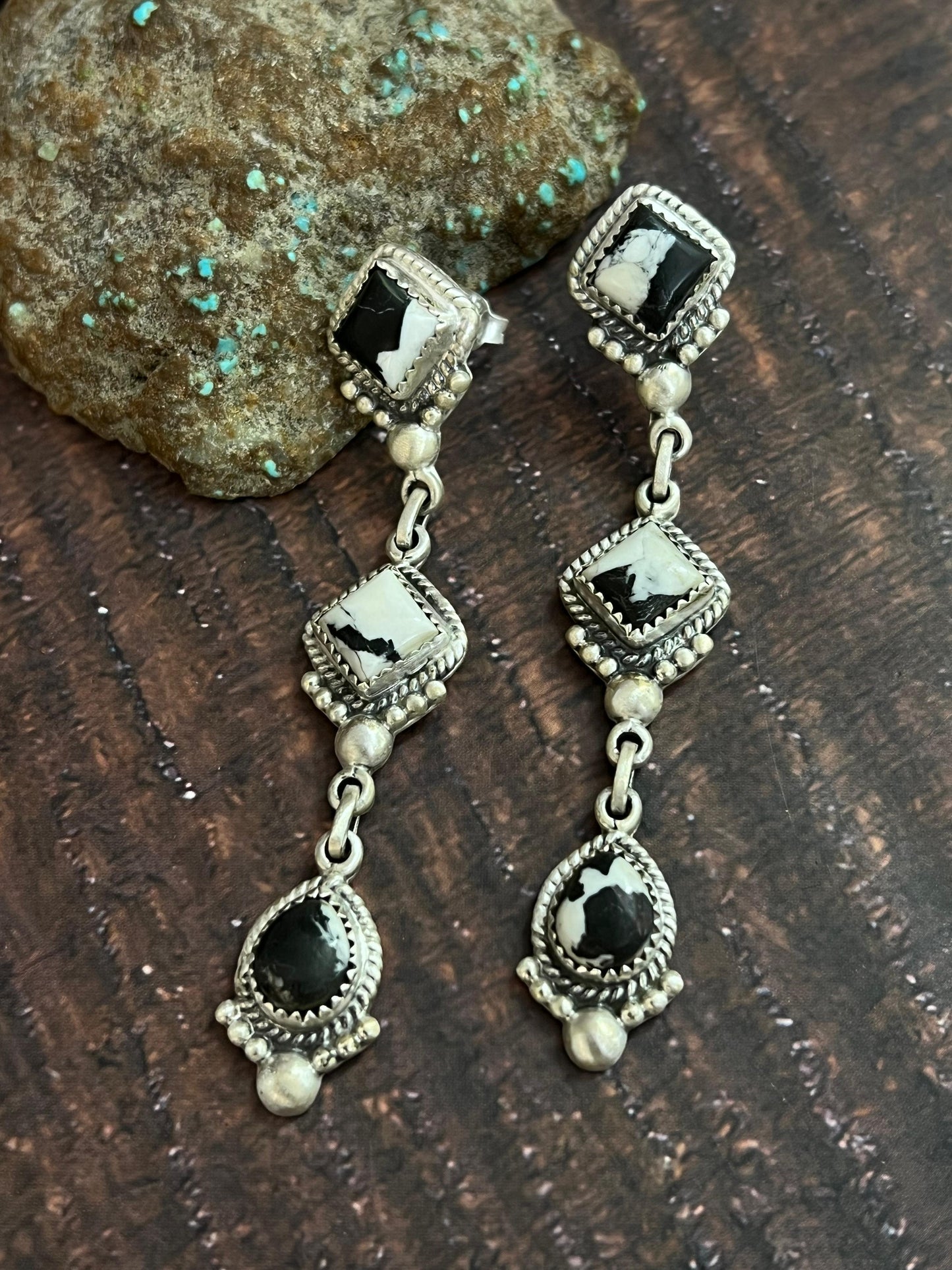 Handmade Sterling Silver White Buffalo Post Dangle Earrings with Signed Nizhoni