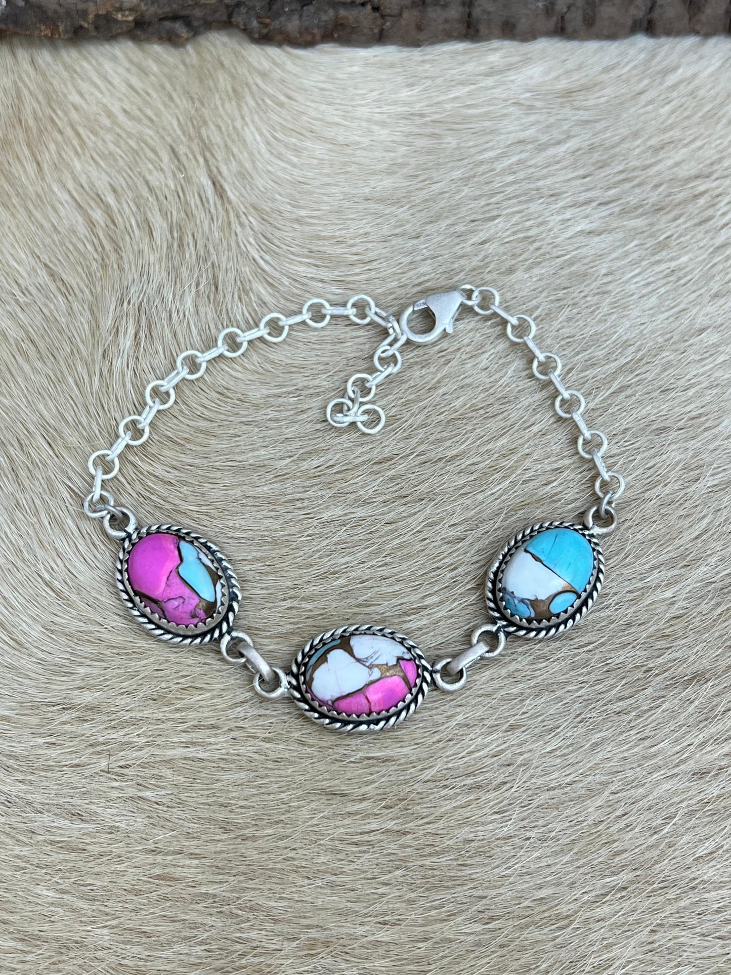 Handmade Sterling Silver Cotton Candy Turquoise Chain Bracelet with Signed Nizhoni (9)