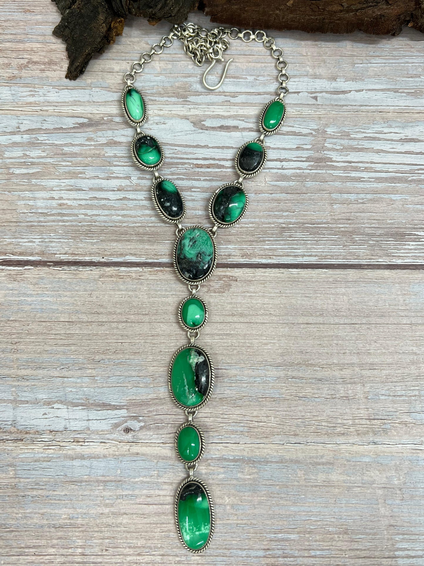 Handmade Sterling Silver Emerald Rose Necklace with Signed Nizhoni