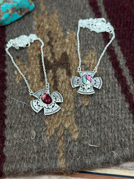 Handmade Sterling Silver Cotton Candy Turquoise, Dahlia Rose Necklace with Signed Nizhoni