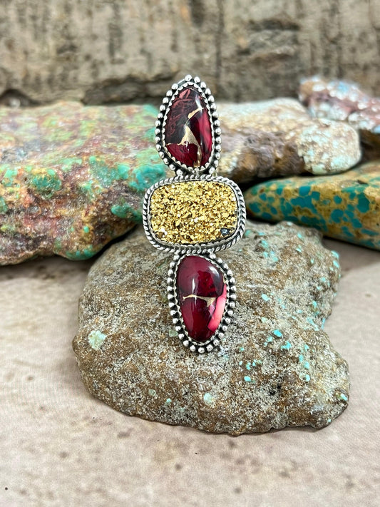 Handmade Sterling Silver Dahlia Rose with Druzy Adjustable Ring with Signed Nizhoni