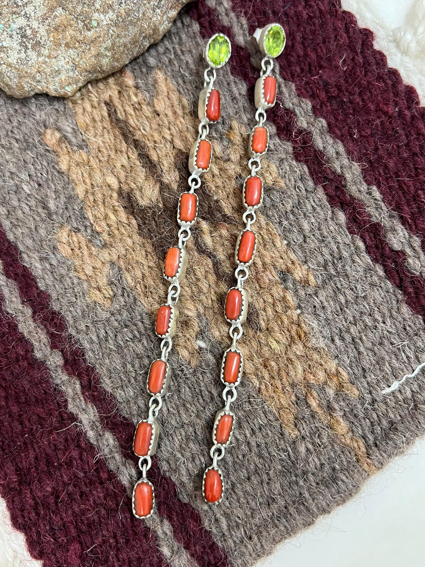 Christmas Collection Handmade Sterling Silver Coral with Peridot Dangle Earrings, Signed Nizhoni