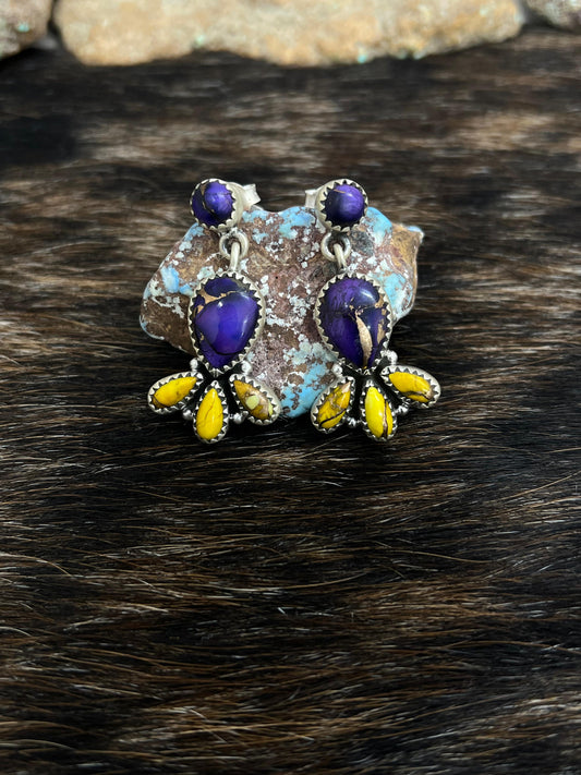 Handmade Sterling Silver Grape Dahlia With Honey Dahlia Post Studs with Signed Nizhoni