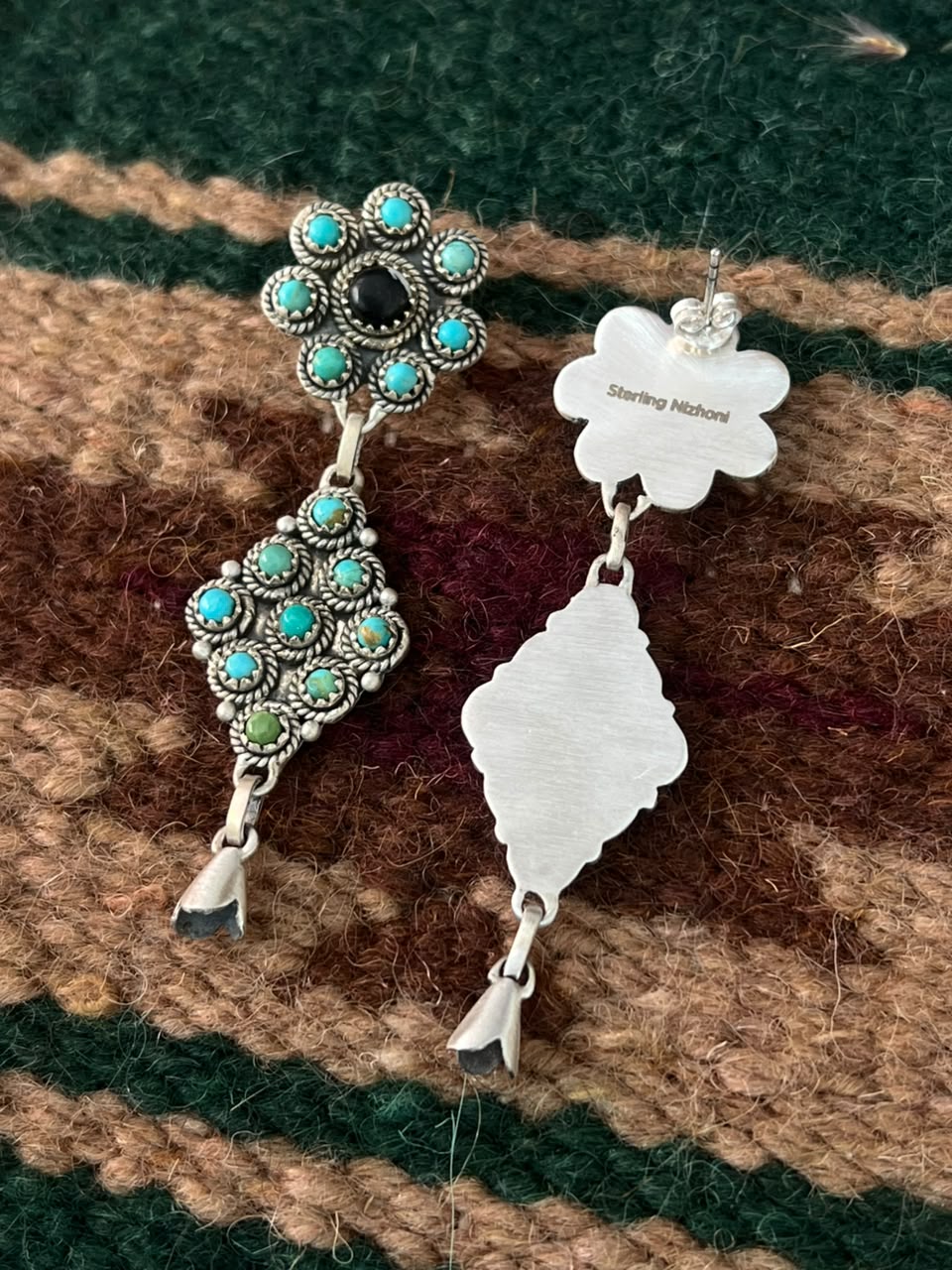 Handmade Sterling Silver Kingman Turquoise with White Buffalo Post Dangle Squash Blossom Earrings Signed Nizhoni