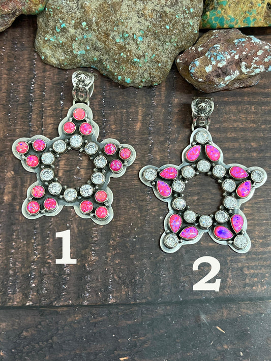 Handmade Sterling Silver Hot Pink with CZ Star Pendant, Signed Nizhoni