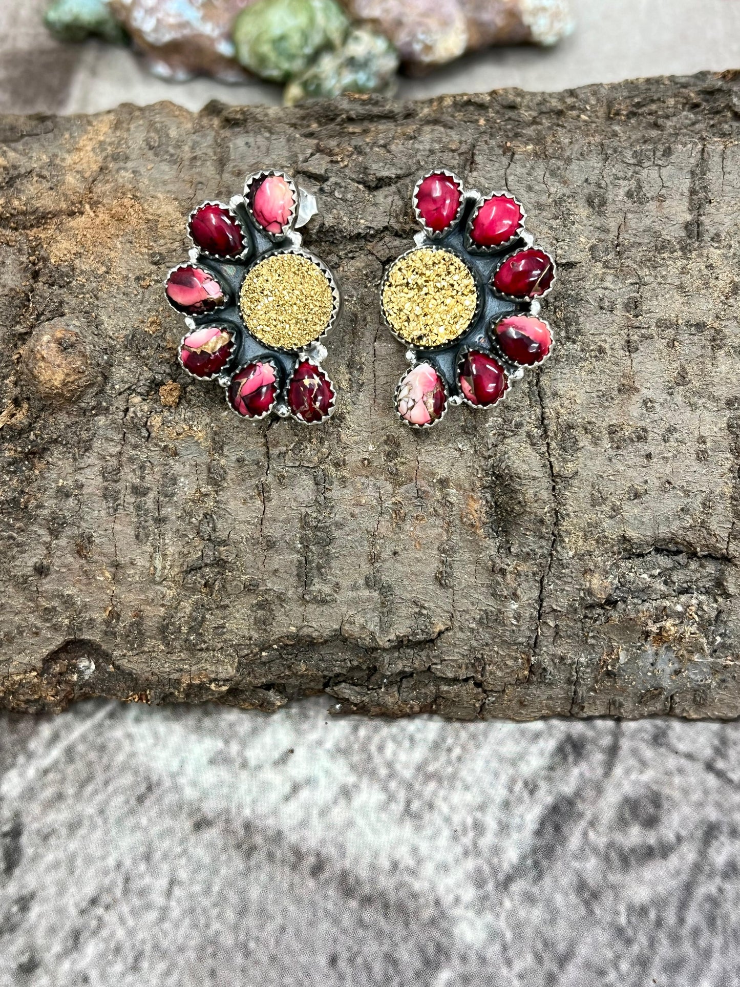 Handmade Sterling Silver Dahlia Rose with Druzy Post Earrings with Signed Nizhoni