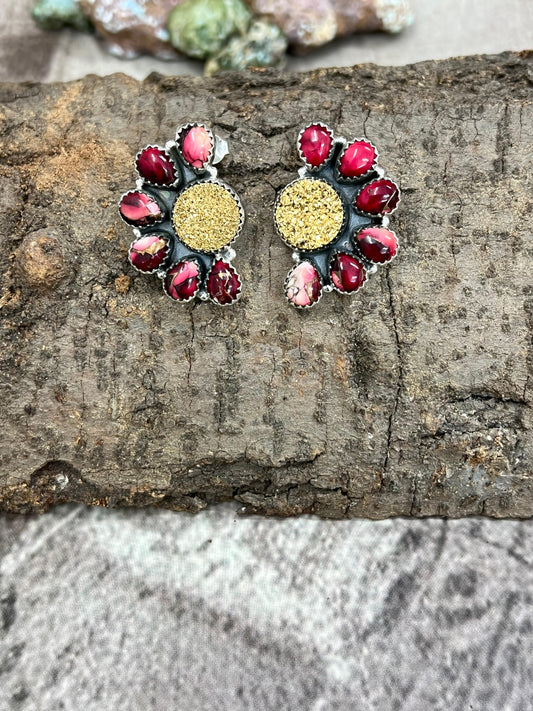 Handmade Sterling Silver Dahlia Rose with Druzy Post Earrings with Signed Nizhoni