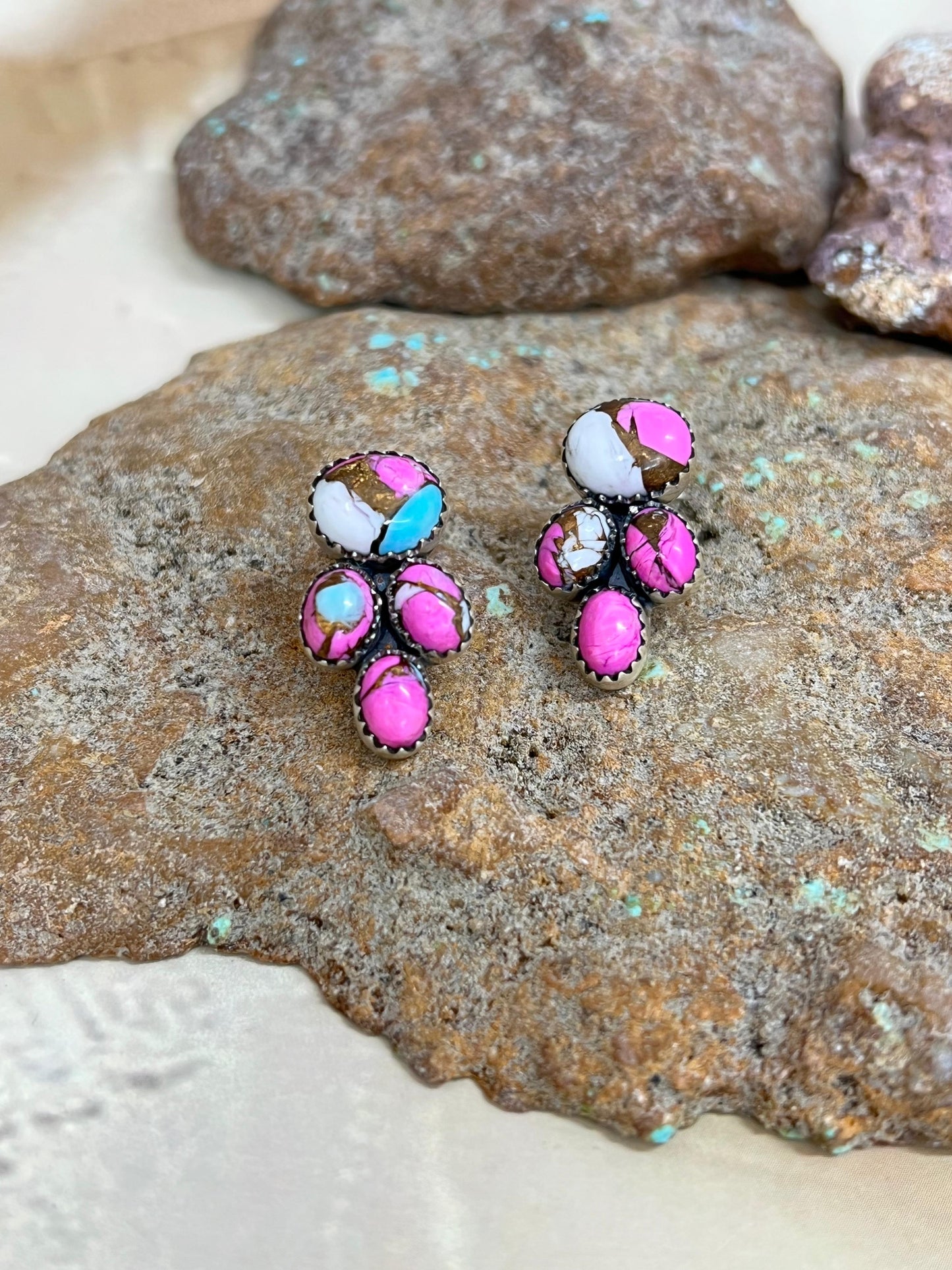 Handmade Sterling Silver Cotton Candy Turquoise Post Studs with Signed Nizhoni