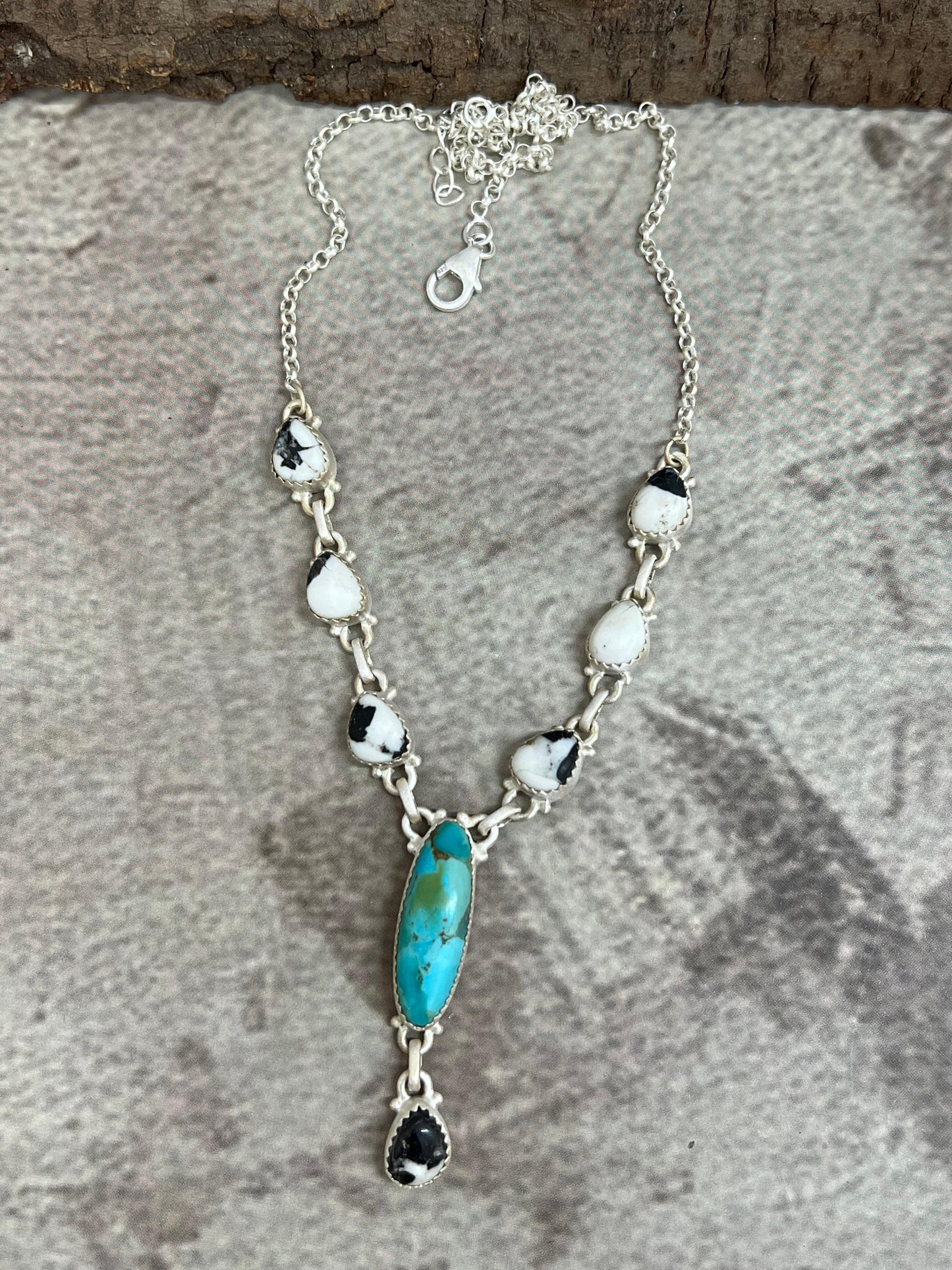 Handmade Sterling Silver White Buffalo with Kingman Turquoise Necklace, Signed Nizhoni