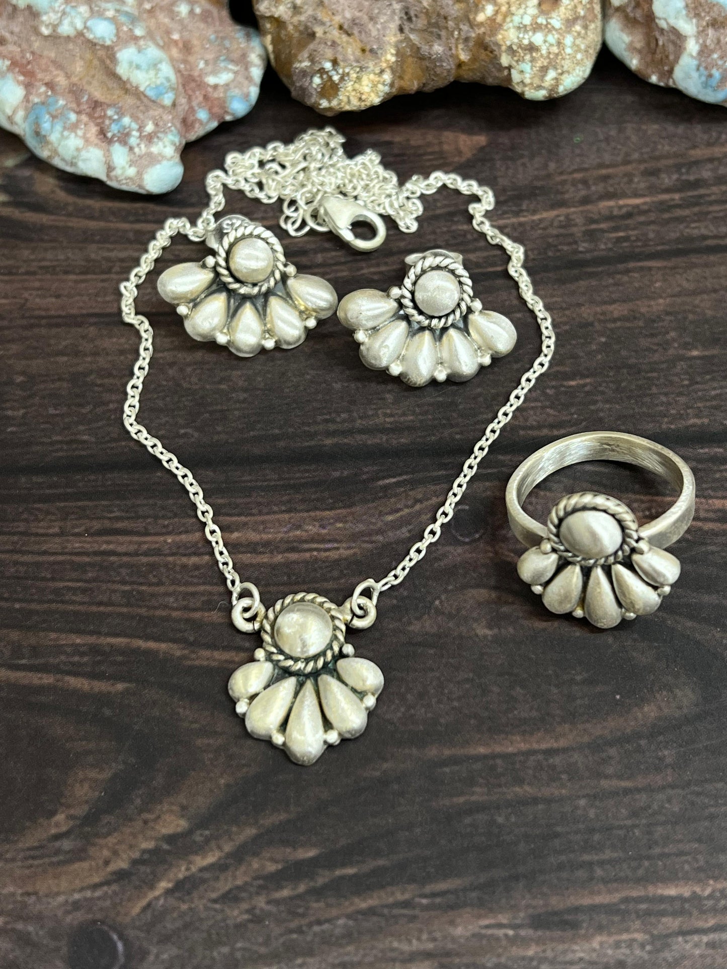 Handmade 'Sterling Silver' Necklace Earrings and Ring Set with Signed Nizhoni