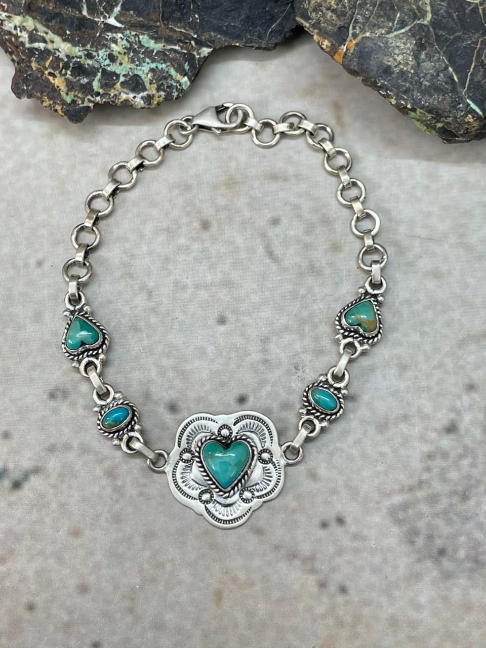 "Heart Collection" Handmade Sterling Silver Kingman Turquoise Chain Bracelet "Signed Nizhoni"