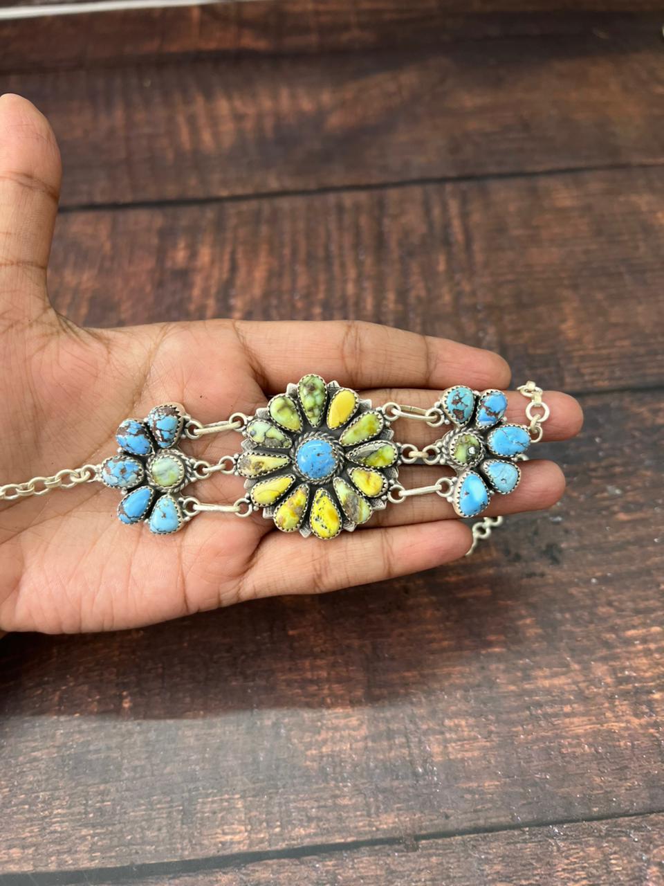 Handmade Sterling Silver Palomino with Golden Hills Turquoise Choker Necklace "Signed Nizhoni"