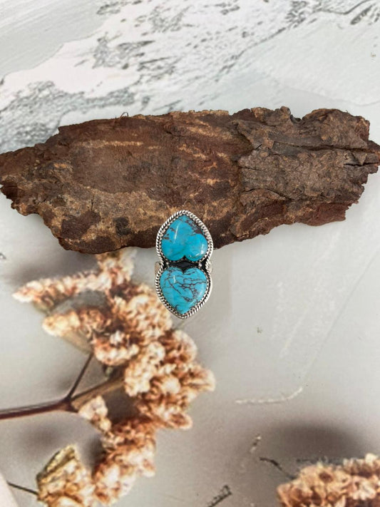 Handmade Sterling Silver Arizona Turquoise Heart Adjustable Ring "Signed Nizhoni"