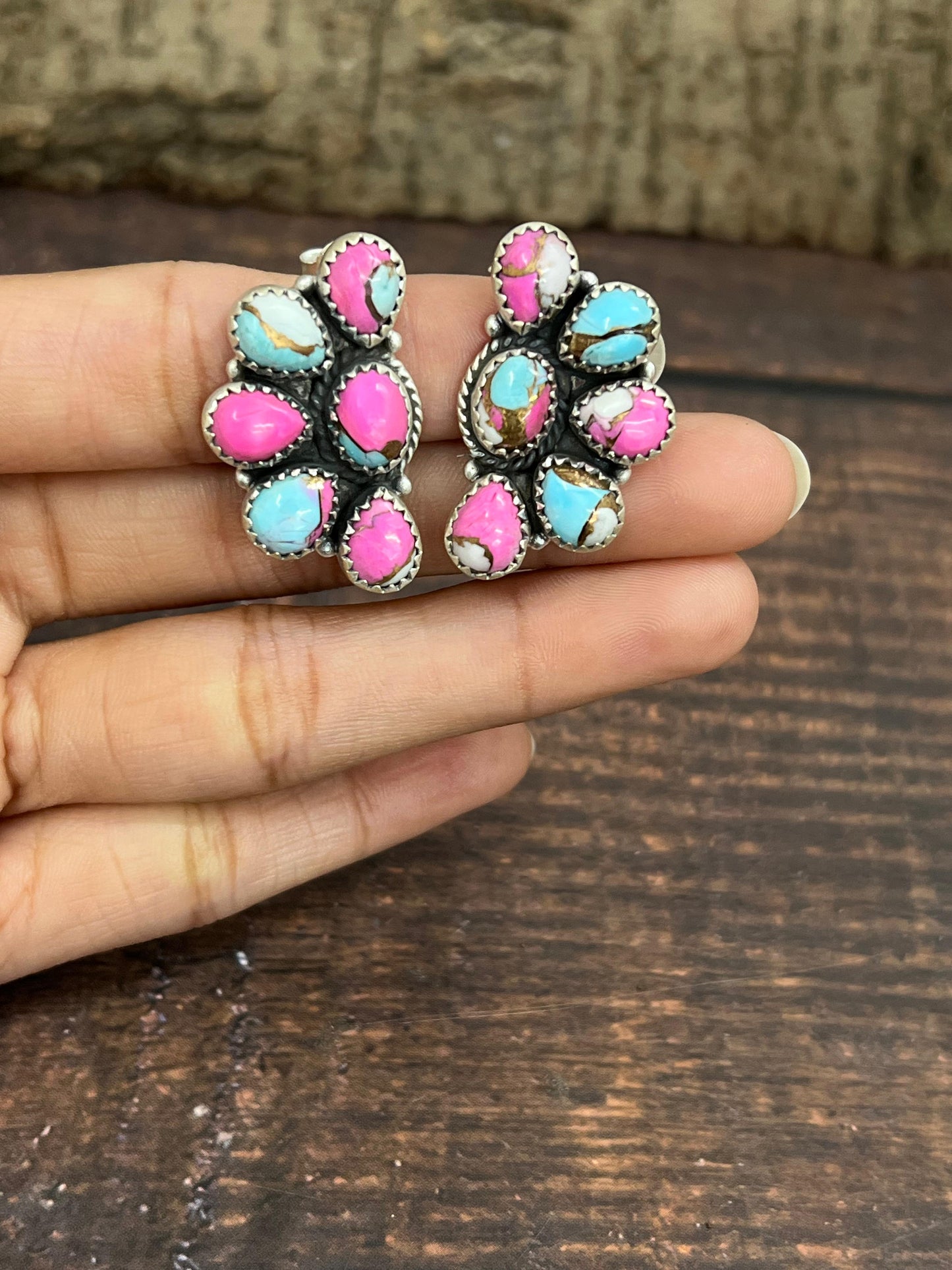 Handmade Sterling Silver Cotton Candy Turquoise Crescent Post Earrings with Signed Nizhoni
