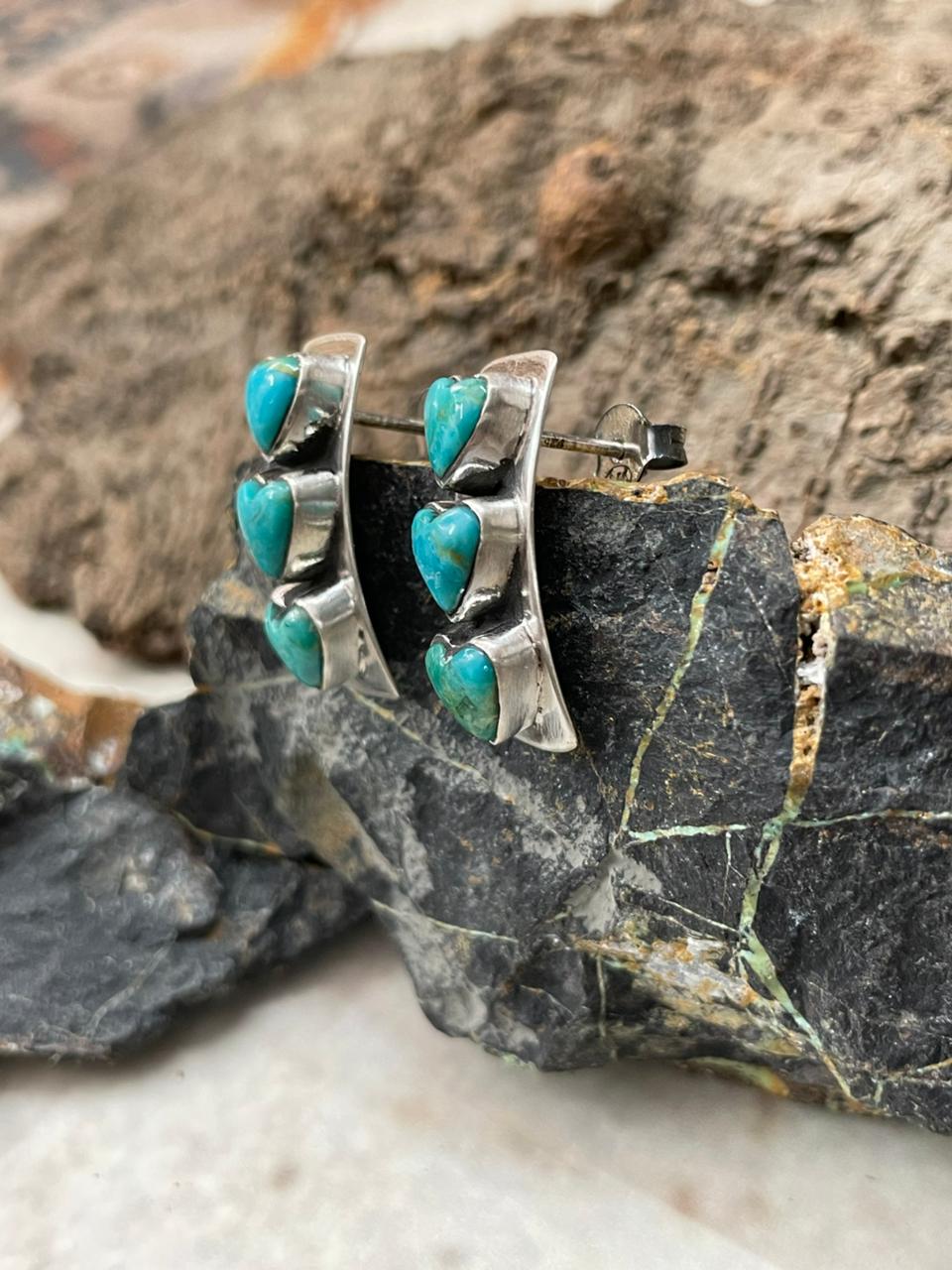 "Heart Collection" Handmade Sterling Silver Kingman Turquoise Post Studs Earrings "Signed Nizhoni"