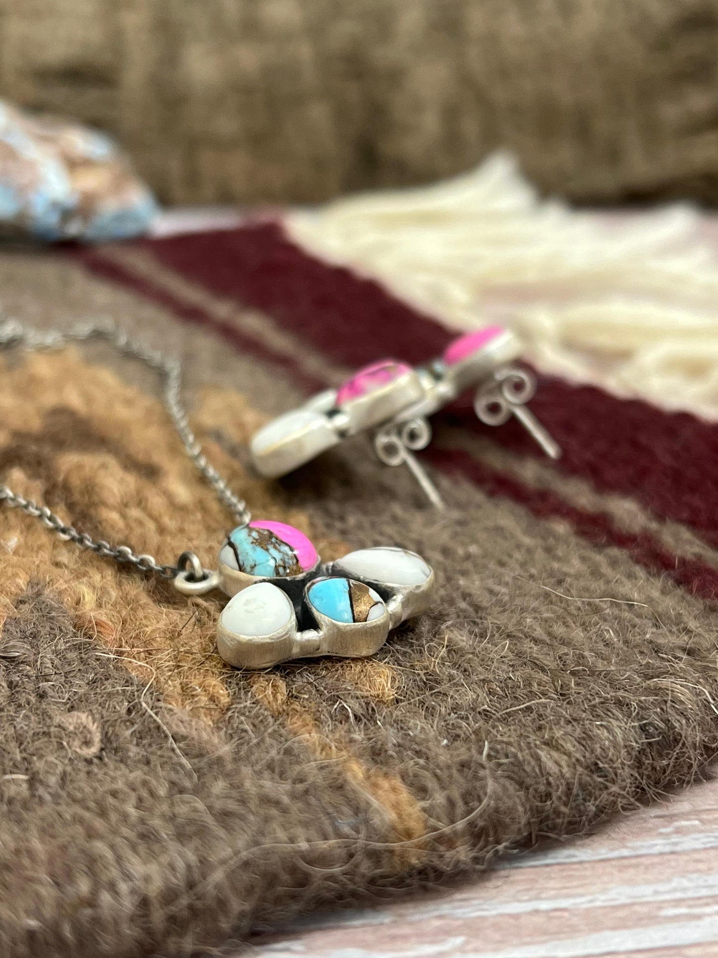 Handmade Sterling Silver Cotton Candy  Necklace Earrings Set with Signed Nizhoni