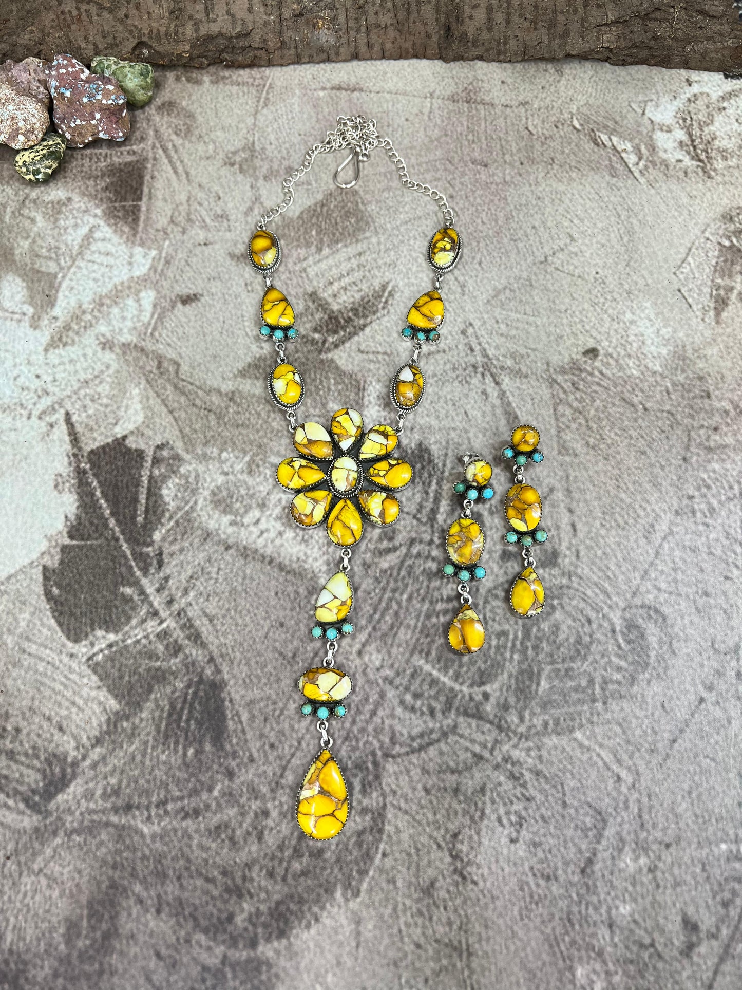 Handmade Sterling Silver Honey Dahlia with Kingman Turquoise Necklace Earrings Set, Signed Nizhoni