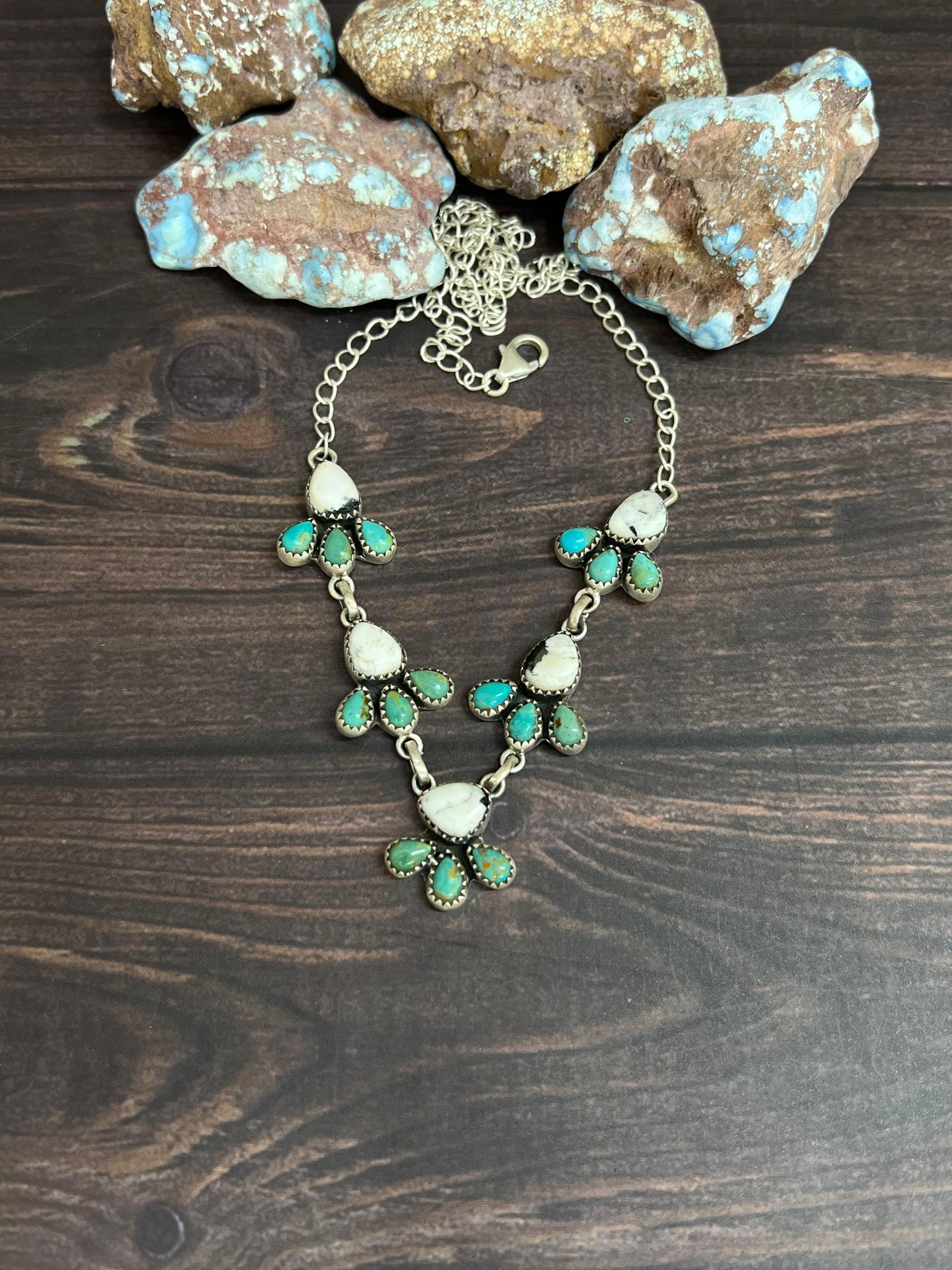 Handmade Sterling Silver Kingman with White Buffalo Necklace with Signed Nizhoni