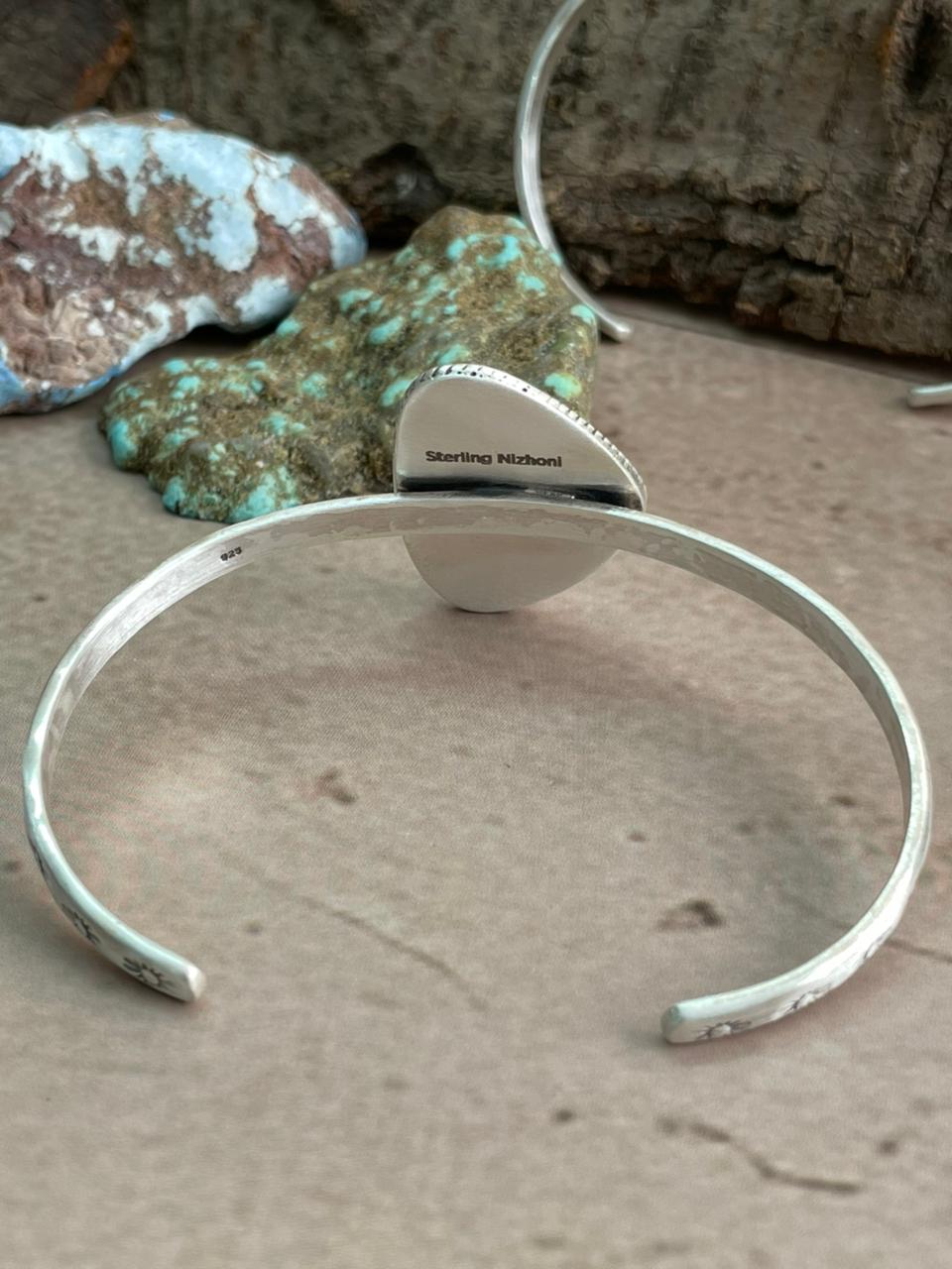 Handmade Sterling Silver Mantis Turquoise Cuff Bracelet with Signed Nizhoni