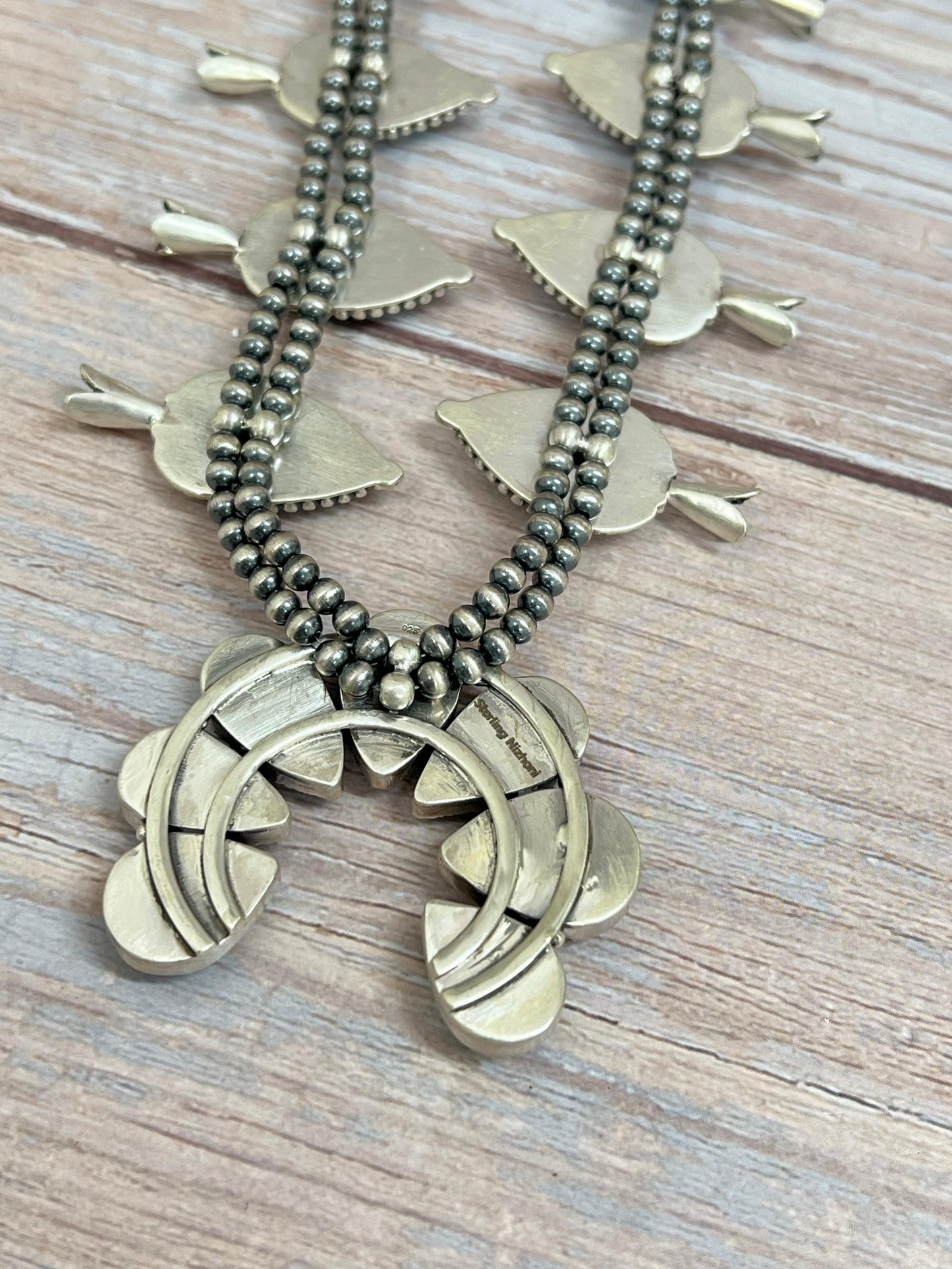 Handmade Sterling Silver Golden Hills Turquoise Beaded Squash Blossom Necklace with Signed Nizhoni