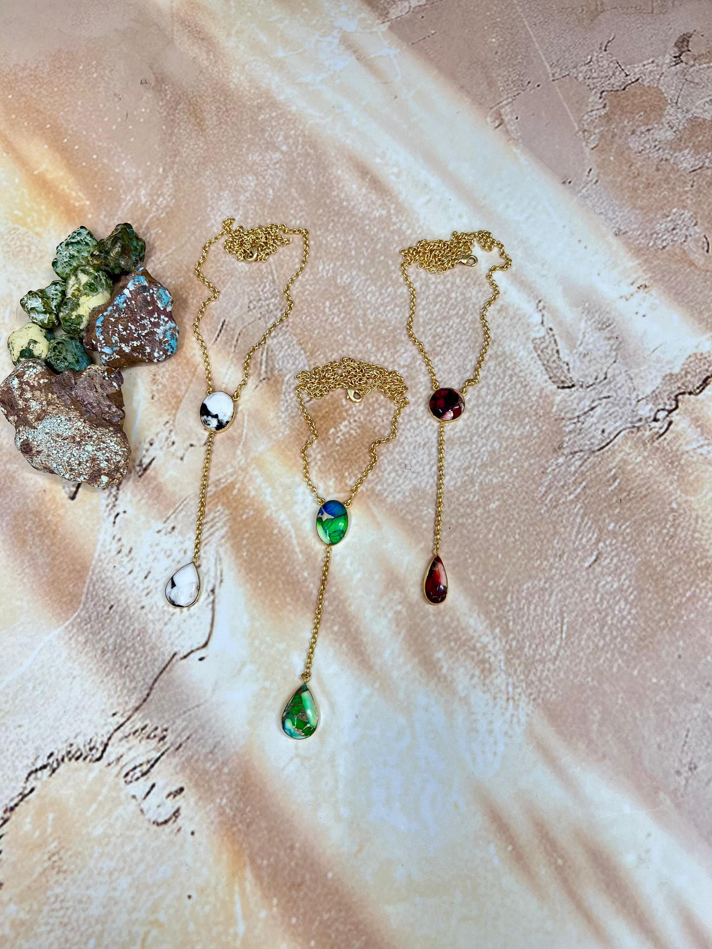 “The Golden Collection” Natural White Buffalo, Peacock Dahlia, Dahlia Rose Drop Necklace