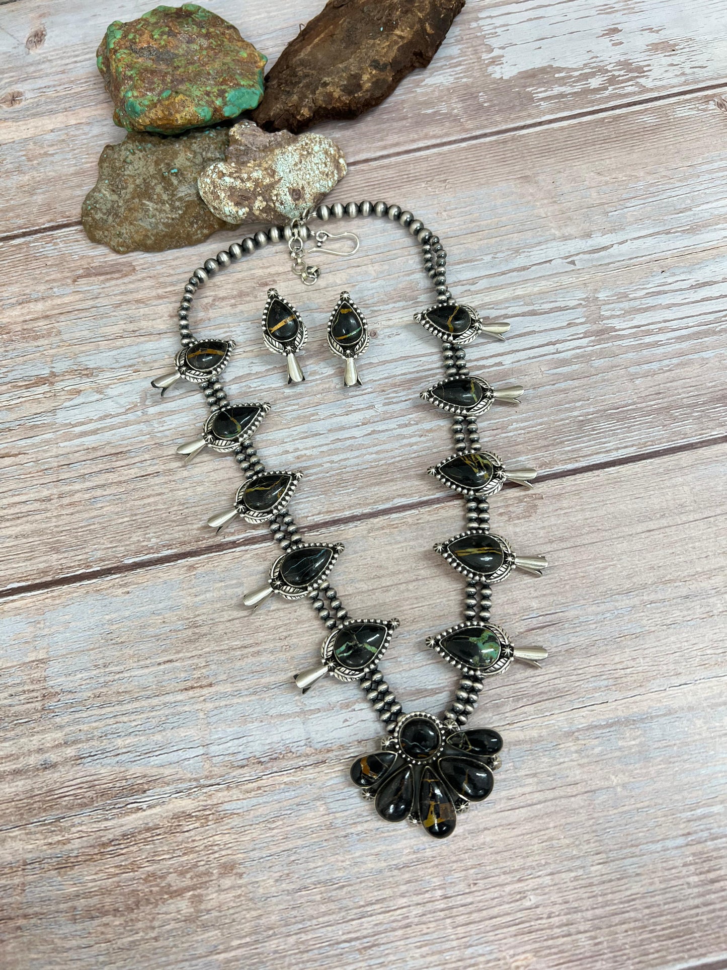 Handmade Sterling Silver Blackjack Turquoise Beaded Necklace Earrings Set with Signed Nizhoni