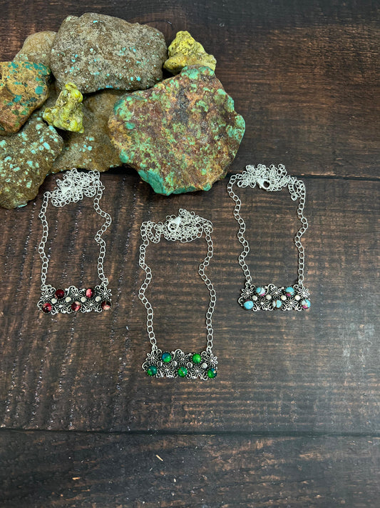 Handmade Sterling Silver Peacock Dahlia, Dahlia Rose, Cotton Candy Turquoise Necklace with Signed Nizhoni
